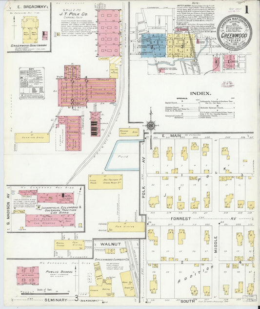 Sanborn Fire Insurance Map from Greenwood, Johnson County, Indiana (1910), Sheet #0001 - Historic Sanborn Fire Insurance Map Print, vintage old map wall art, antique decor, genealogy gift, Indiana Indiana map
