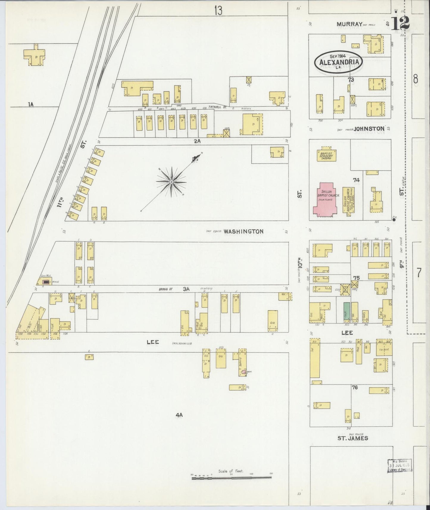 Sanborn Fire Insurance Map from Alexandria, Rapides Parish, Louisiana (1904), Sheet #0012 - Complete Map Set gallery image, historic Sanborn map, vintage wall art, Louisiana Louisiana