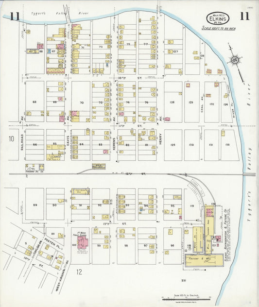 Sanborn Fire Insurance Map from Elkins, Randolph County, West Virginia (1923), Sheet #0011 - Historic Sanborn Fire Insurance Map Print, vintage old map wall art, antique decor, genealogy gift, West Virginia West Virginia map