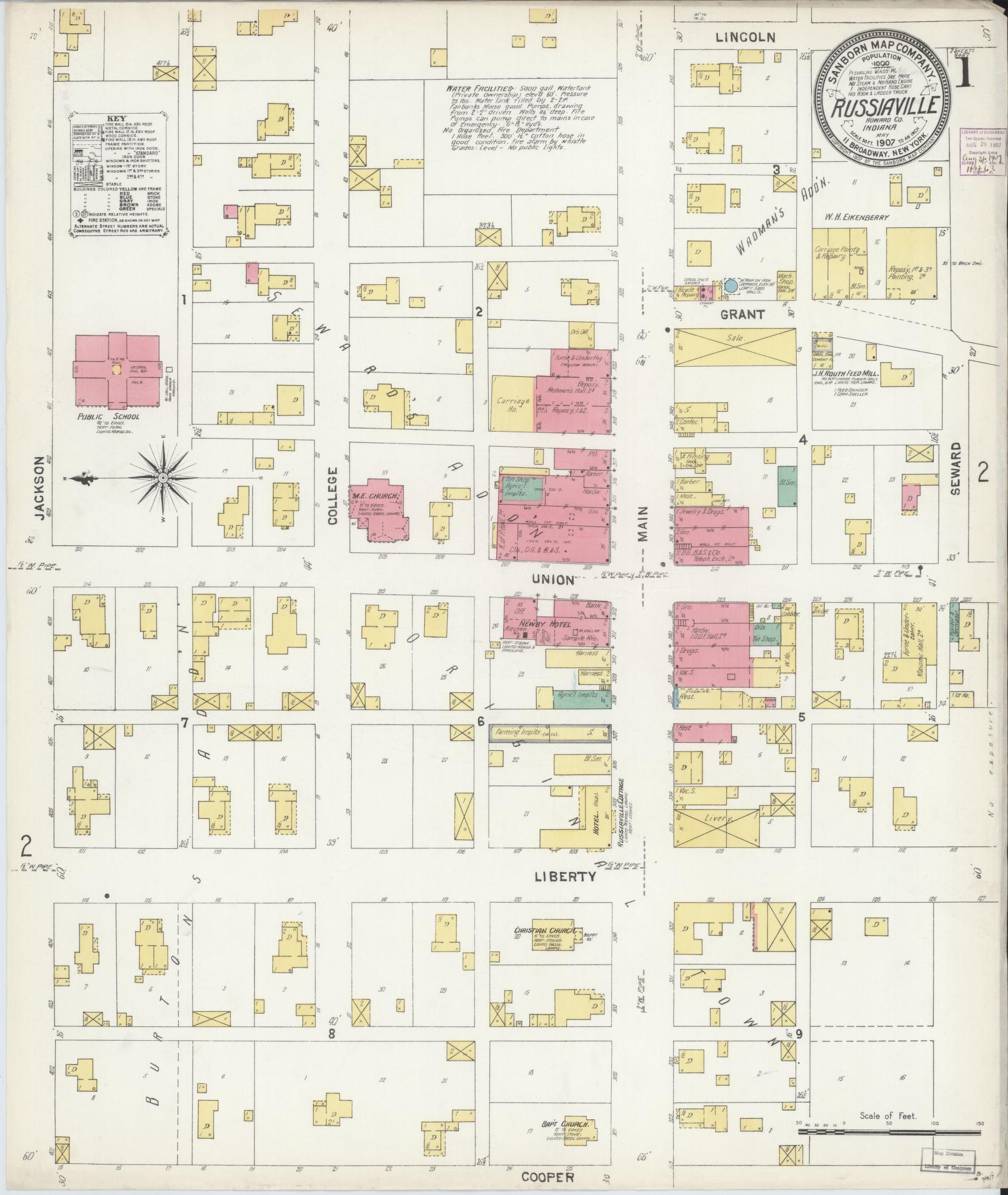 Sanborn Fire Insurance Map from Russiaville, Howard County, Indiana (1907), Sheet #0001 - Complete Map Set gallery image, historic Sanborn map, vintage wall art, Indiana Indiana