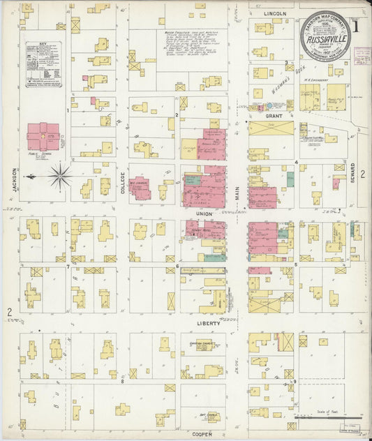 Sanborn Fire Insurance Map from Russiaville, Howard County, Indiana (1907), Sheet #0001 - Complete Map Set gallery image, historic Sanborn map, vintage wall art, Indiana Indiana
