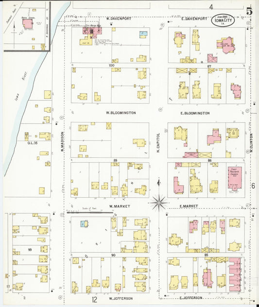 Sanborn Fire Insurance Map from Iowa City, Johnson County, Iowa (1899), Sheet #0005 - Historic Sanborn Fire Insurance Map Print, vintage old map wall art