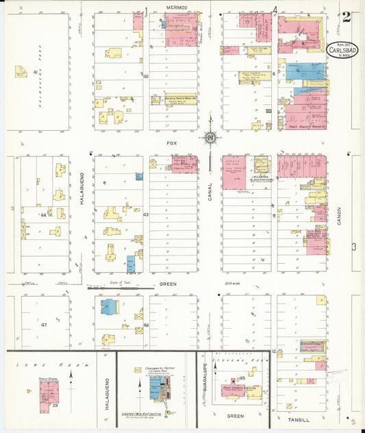 Sanborn Fire Insurance Map from Carlsbad, Eddy County, New Mexico (1913), Sheet #0002 - Historic Sanborn Fire Insurance Map Print, vintage old map wall art, antique decor, genealogy gift, New Mexico New Mexico map