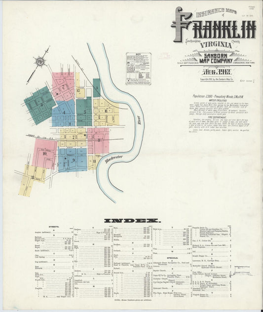 Sanborn Fire Insurance Map from Franklin, Independent Cities, Virginia (1912), Sheet #0001 - Historic Sanborn Fire Insurance Map Print, vintage old map wall art, antique decor, genealogy gift, Virginia Virginia map