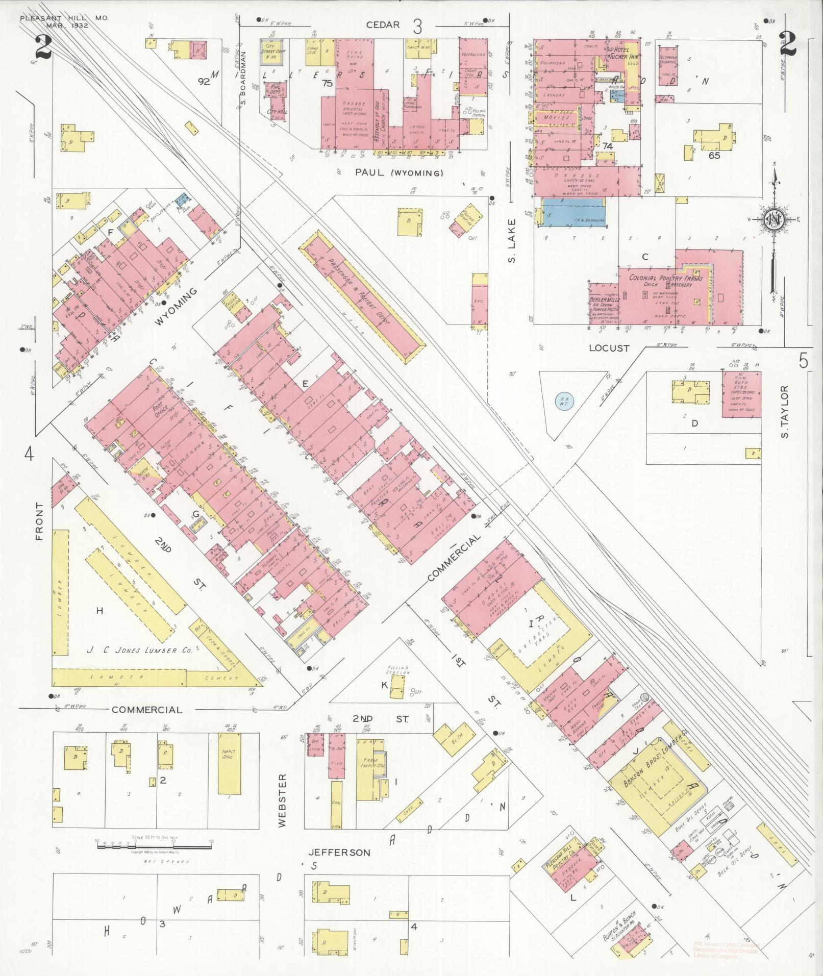 Sanborn Fire Insurance Map from Pleasant Hill, Cass County, Missouri (1932), Sheet #0002 - Historic Sanborn Fire Insurance Map Print, vintage old map wall art, antique decor, genealogy gift, Missouri Missouri map