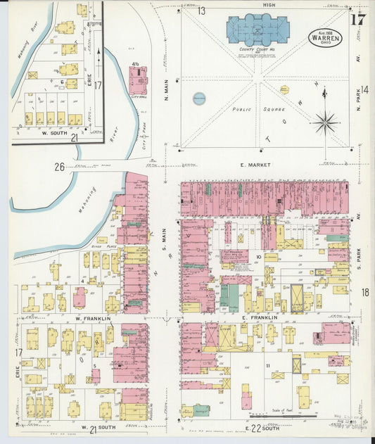 Sanborn Fire Insurance Map from Warren, Trumbull County, Ohio (1908), Sheet #0017 - Historic Sanborn Fire Insurance Map Print, vintage old map wall art, antique decor, genealogy gift, Ohio Ohio map