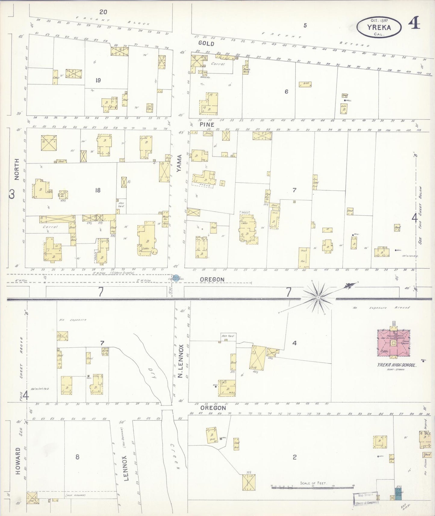 Sanborn Fire Insurance Map from Yreka, Siskiyou County, California (1897), Sheet #0004 - Complete Map Set gallery image, historic Sanborn map, vintage wall art, California California