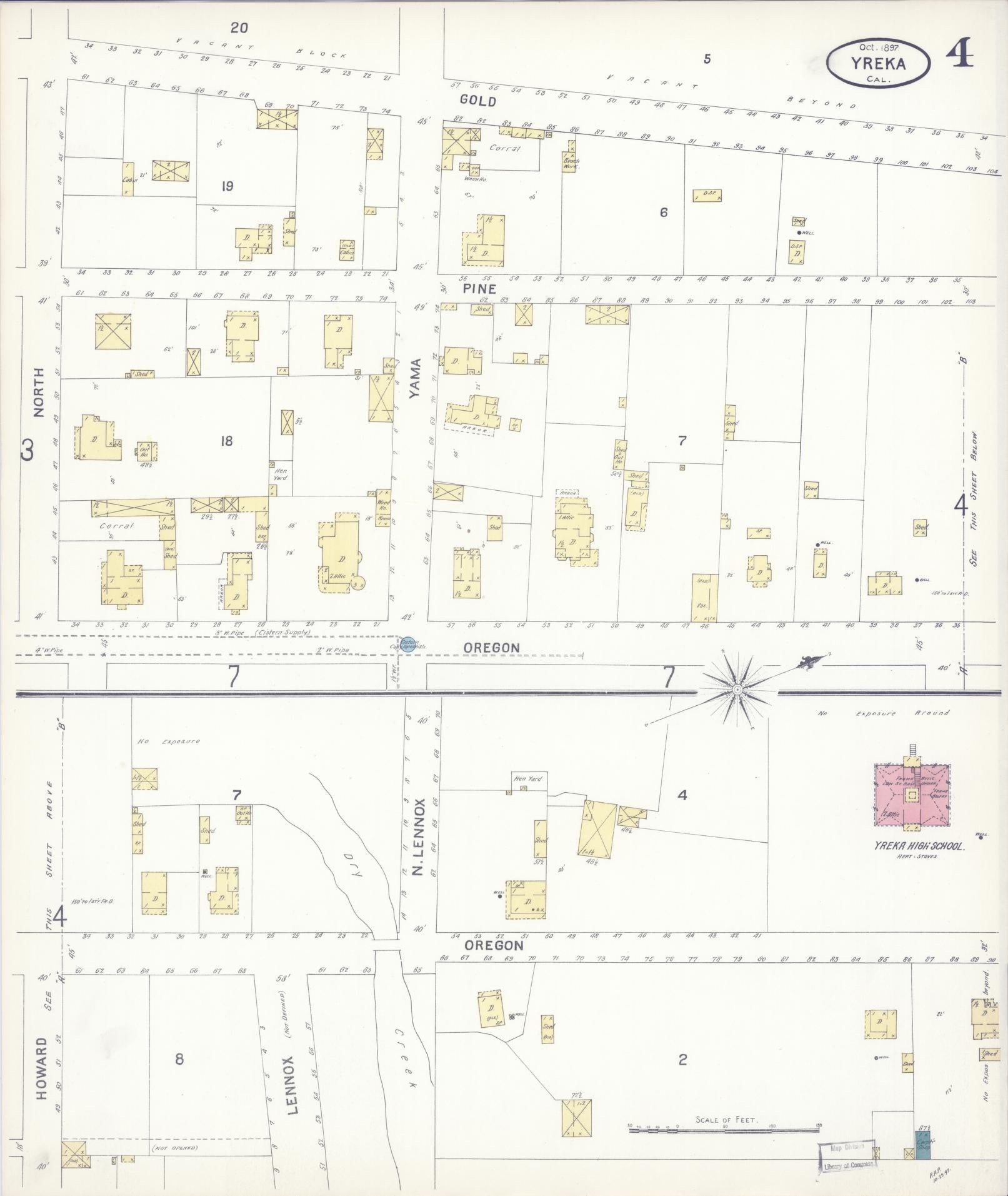 Sanborn Fire Insurance Map from Yreka, Siskiyou County, California (1897), Sheet #0004 - Complete Map Set gallery image, historic Sanborn map, vintage wall art, California California