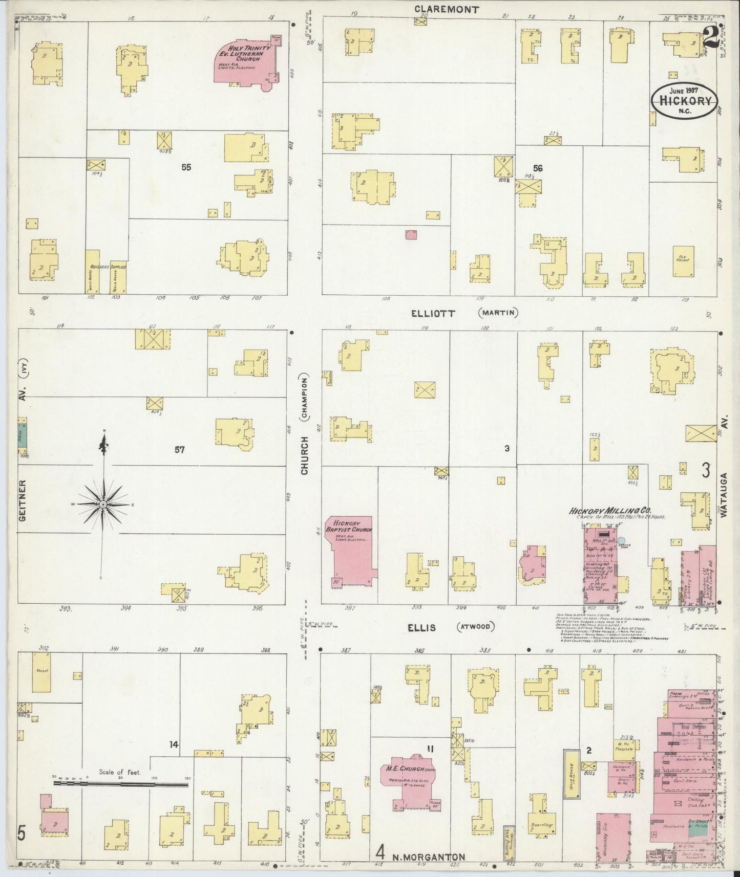 Sanborn Fire Insurance Map from Hickory, Catawba County, North Carolina (1907), Sheet #0002 - Complete Map Set gallery image, historic Sanborn map, vintage wall art, North Carolina North Carolina