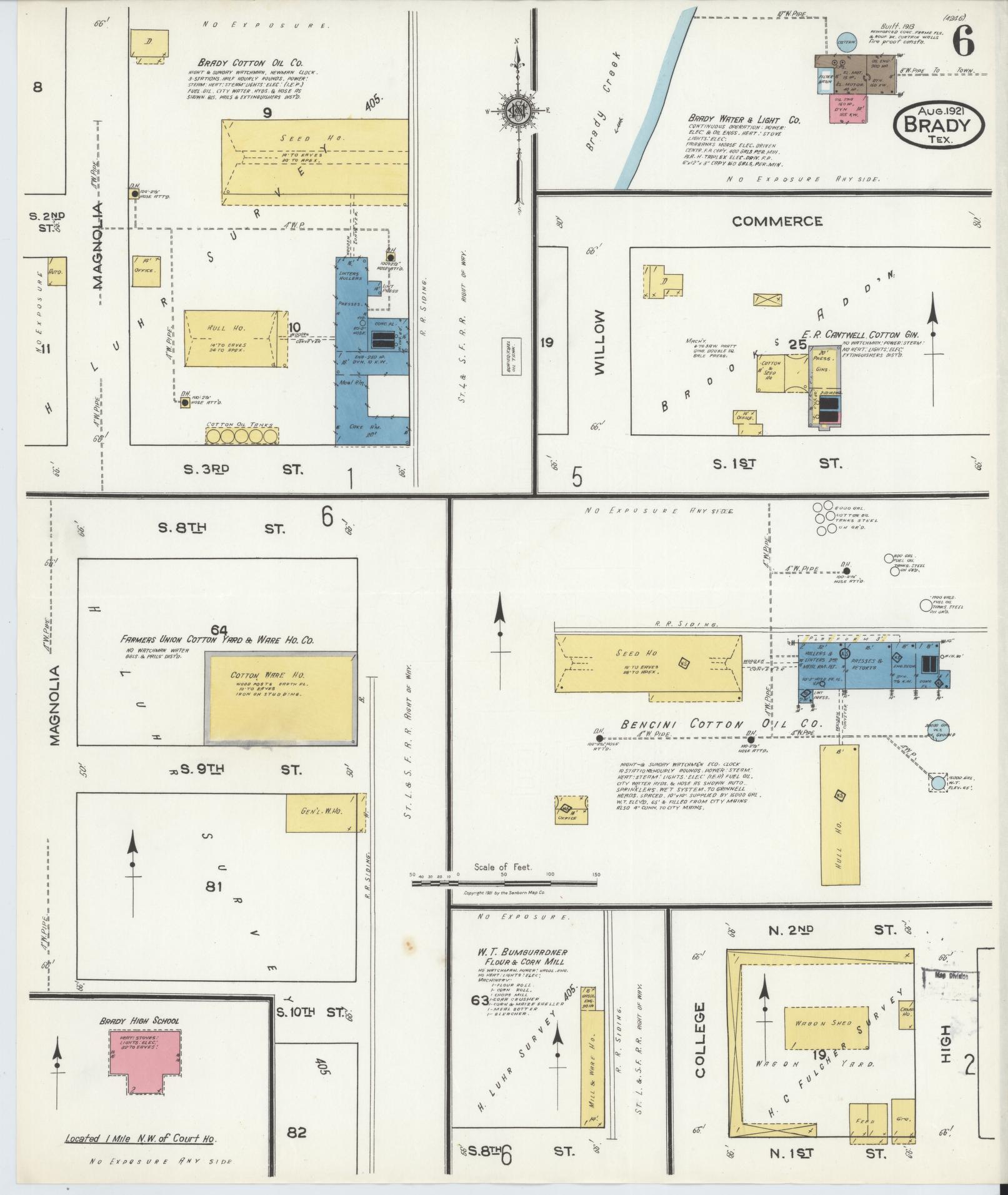 Sanborn Fire Insurance Map from Brady, McCulloch County, Texas (1921), Sheet #0006 - Historic Sanborn Fire Insurance Map Print, vintage old map wall art, antique decor, genealogy gift, Texas Texas map