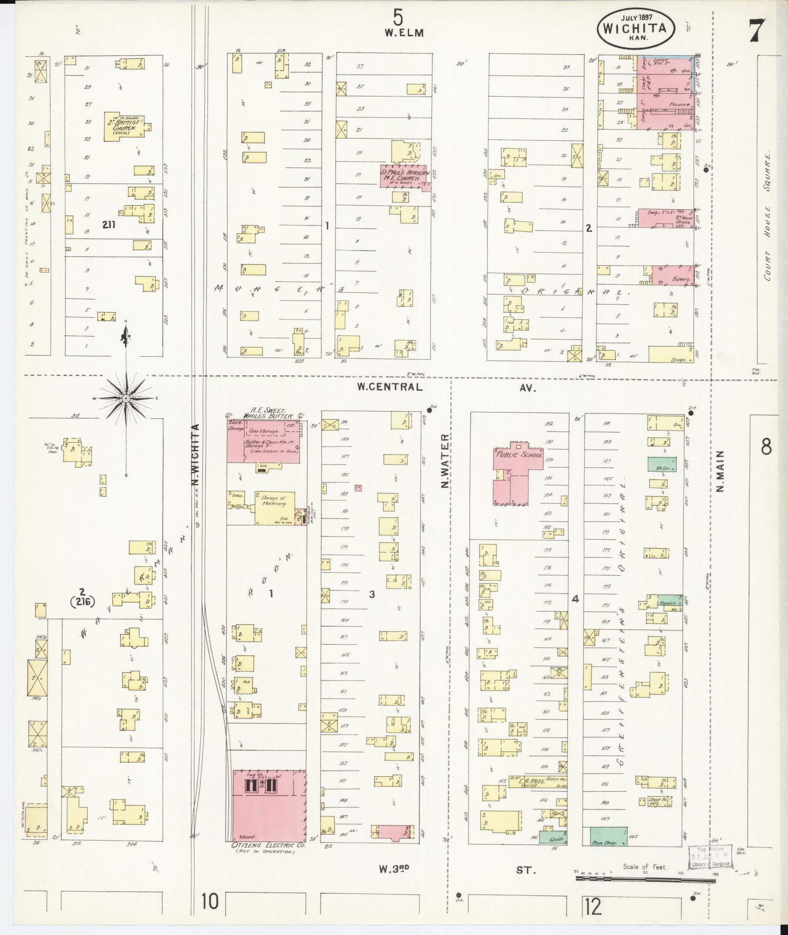 Sanborn Fire Insurance Map from Wichita, Sedgwick County, Kansas (1897), Sheet #0007 - Complete Map Set gallery image, historic Sanborn map, vintage wall art, Kansas Kansas