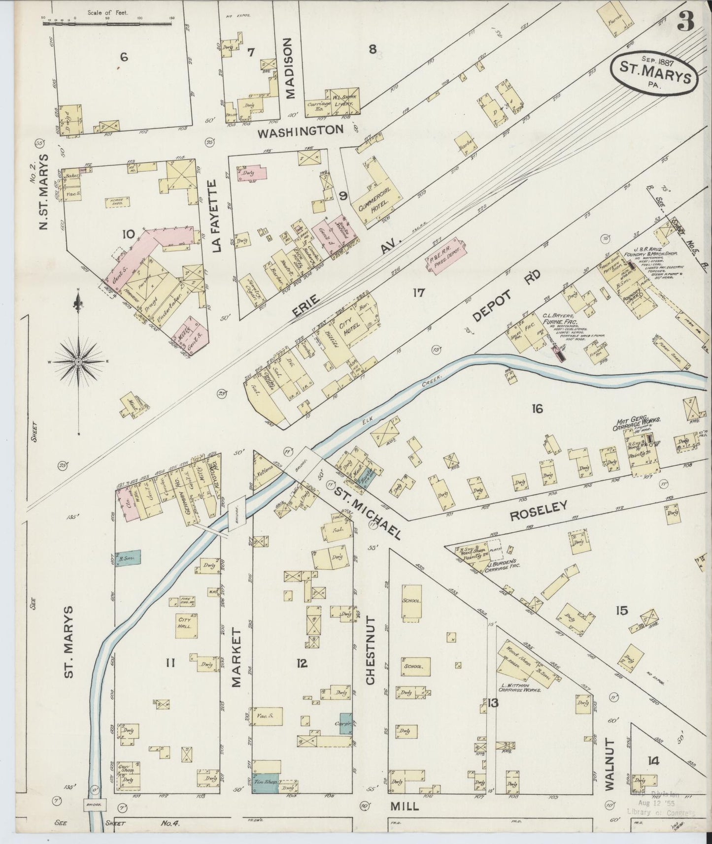 Sanborn Fire Insurance Map from Saint Marys, Elk County, Pennsylvania (1887), Sheet #0003 - Complete Map Set gallery image, historic Sanborn map, vintage wall art, Pennsylvania Pennsylvania