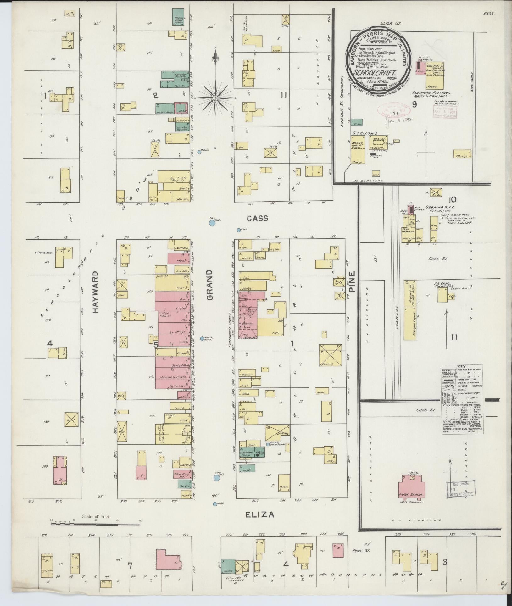 Sanborn Fire Insurance Map from Schoolcraft, Kalamazoo County, Michigan (1892), Sheet #0001 - Historic Sanborn Fire Insurance Map Print, vintage old map wall art, antique decor, genealogy gift, Michigan Michigan map