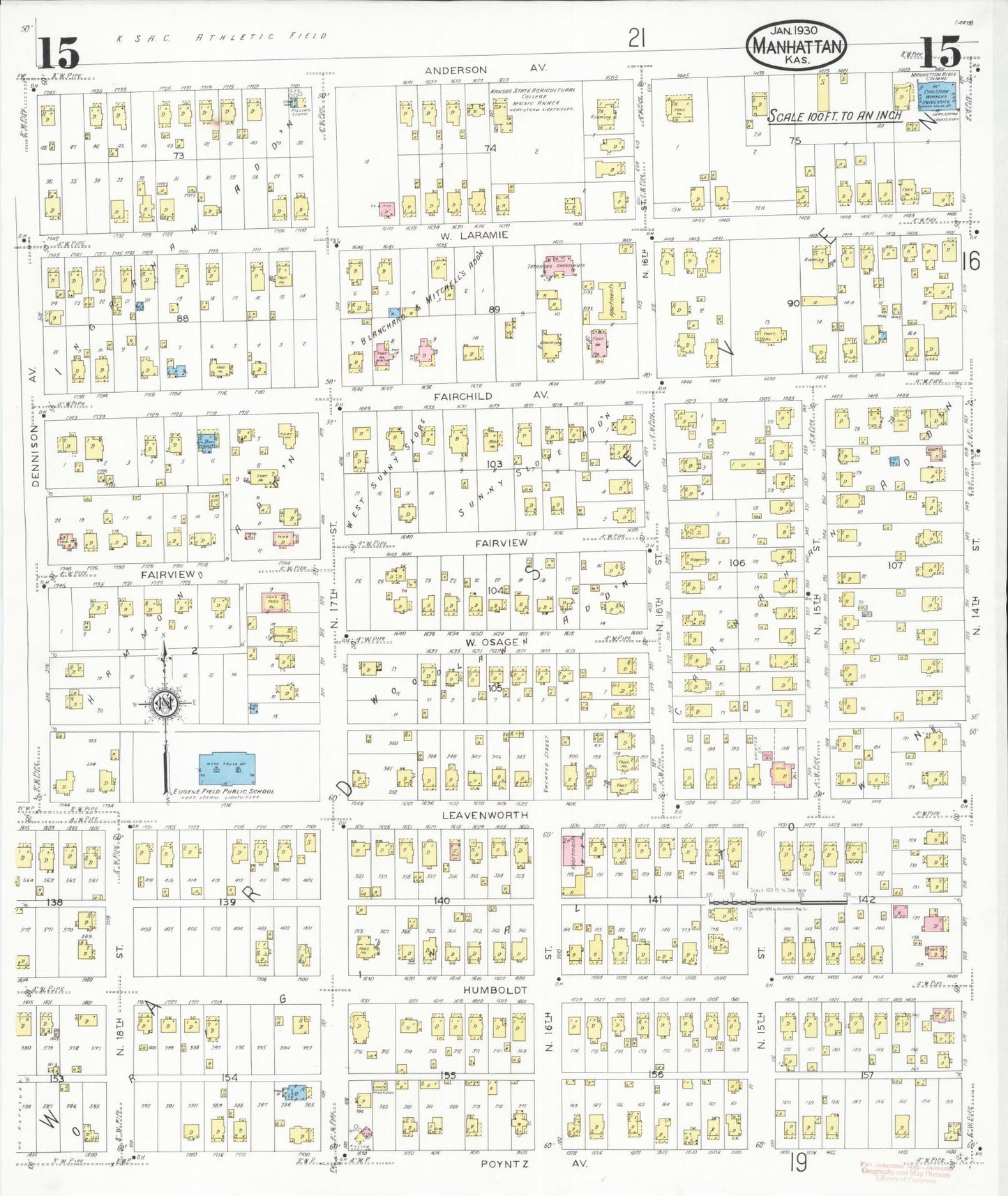 Sanborn Fire Insurance Map from Manhattan, Riley County, Kansas (1930), Sheet #0015 - Complete Map Set gallery image, historic Sanborn map, vintage wall art, Kansas Kansas