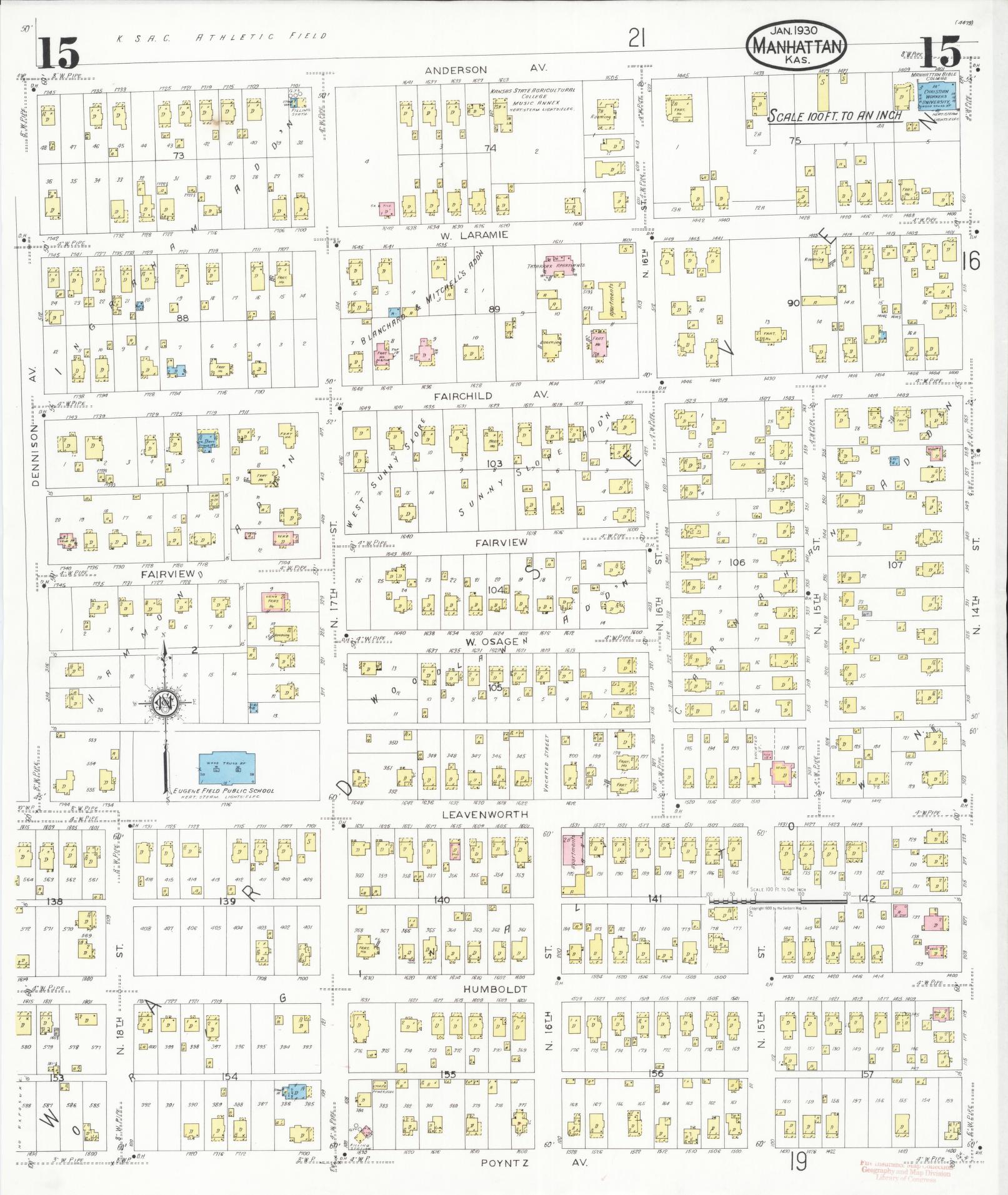 Sanborn Fire Insurance Map from Manhattan, Riley County, Kansas (1930), Sheet #0015 - Complete Map Set gallery image, historic Sanborn map, vintage wall art, Kansas Kansas
