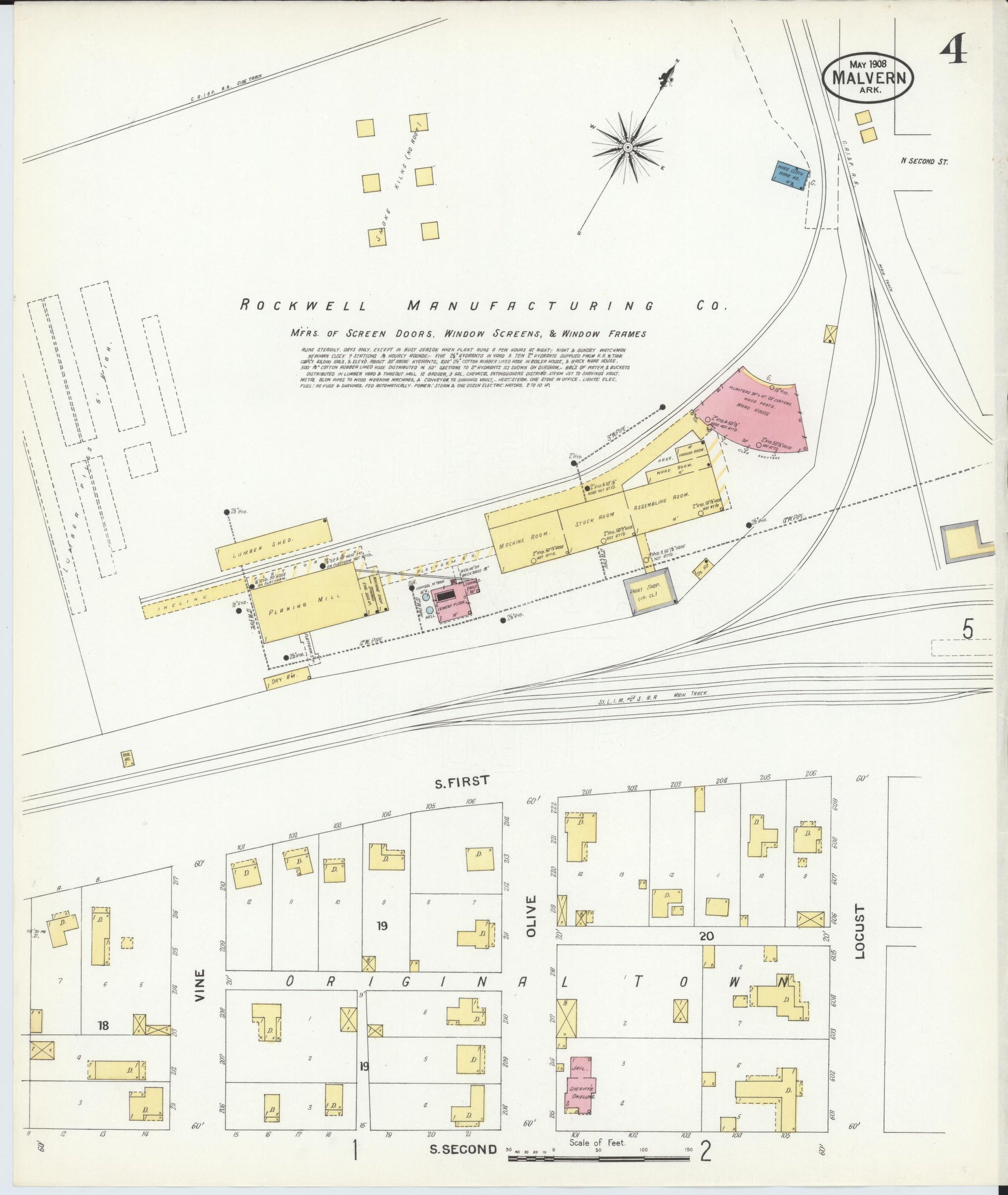 Sanborn Fire Insurance Map from Malvern, Hot Springs County, Arkansas (1908), Sheet #0004 - Complete Map Set gallery image, historic Sanborn map, vintage wall art, Arkansas Arkansas