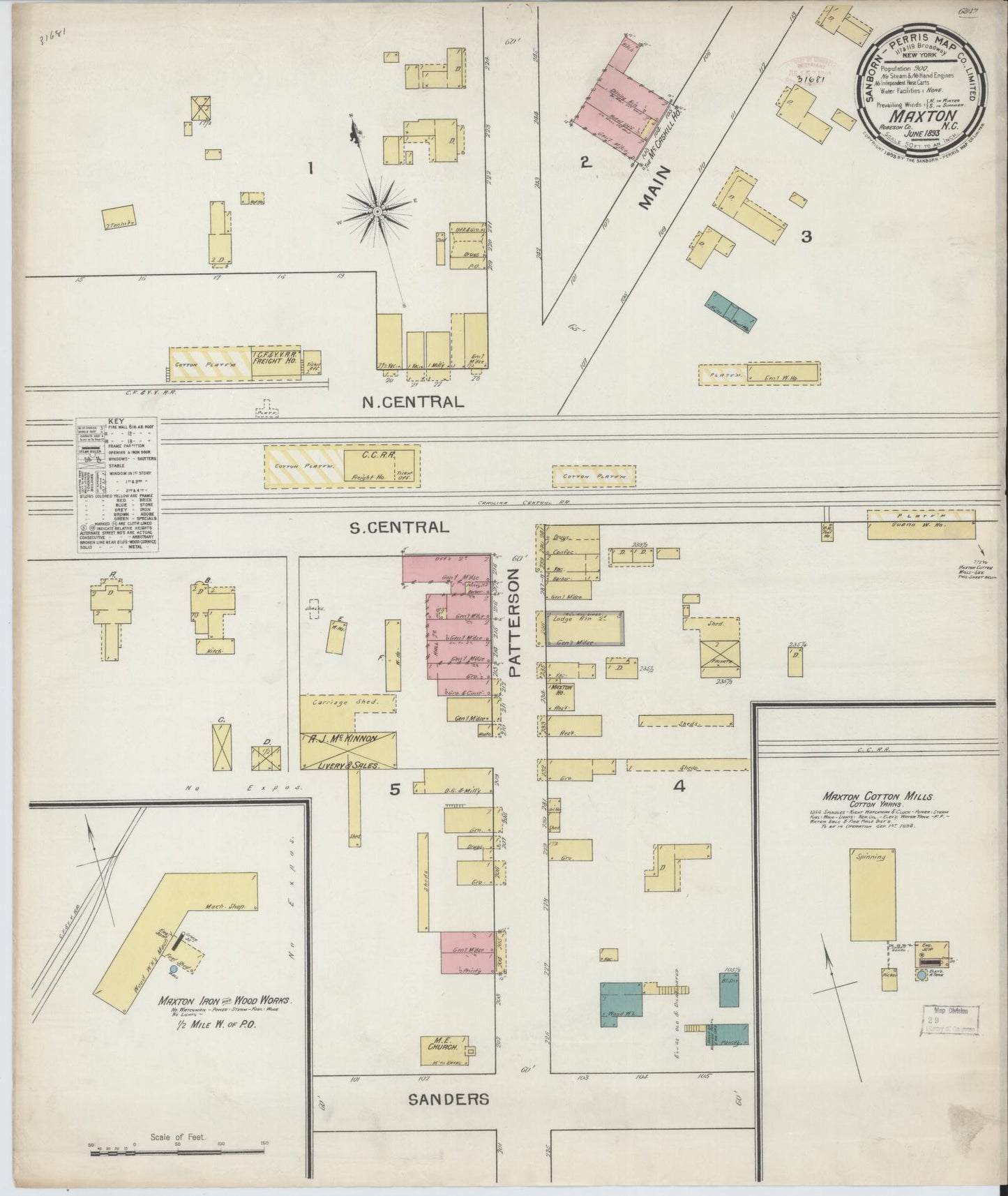 Sanborn Fire Insurance Map from Maxton, Robeson County, North Carolina (1893), Sheet #0001 - Historic Sanborn Fire Insurance Map Print, vintage old map wall art, antique decor, genealogy gift, North Carolina North Carolina map