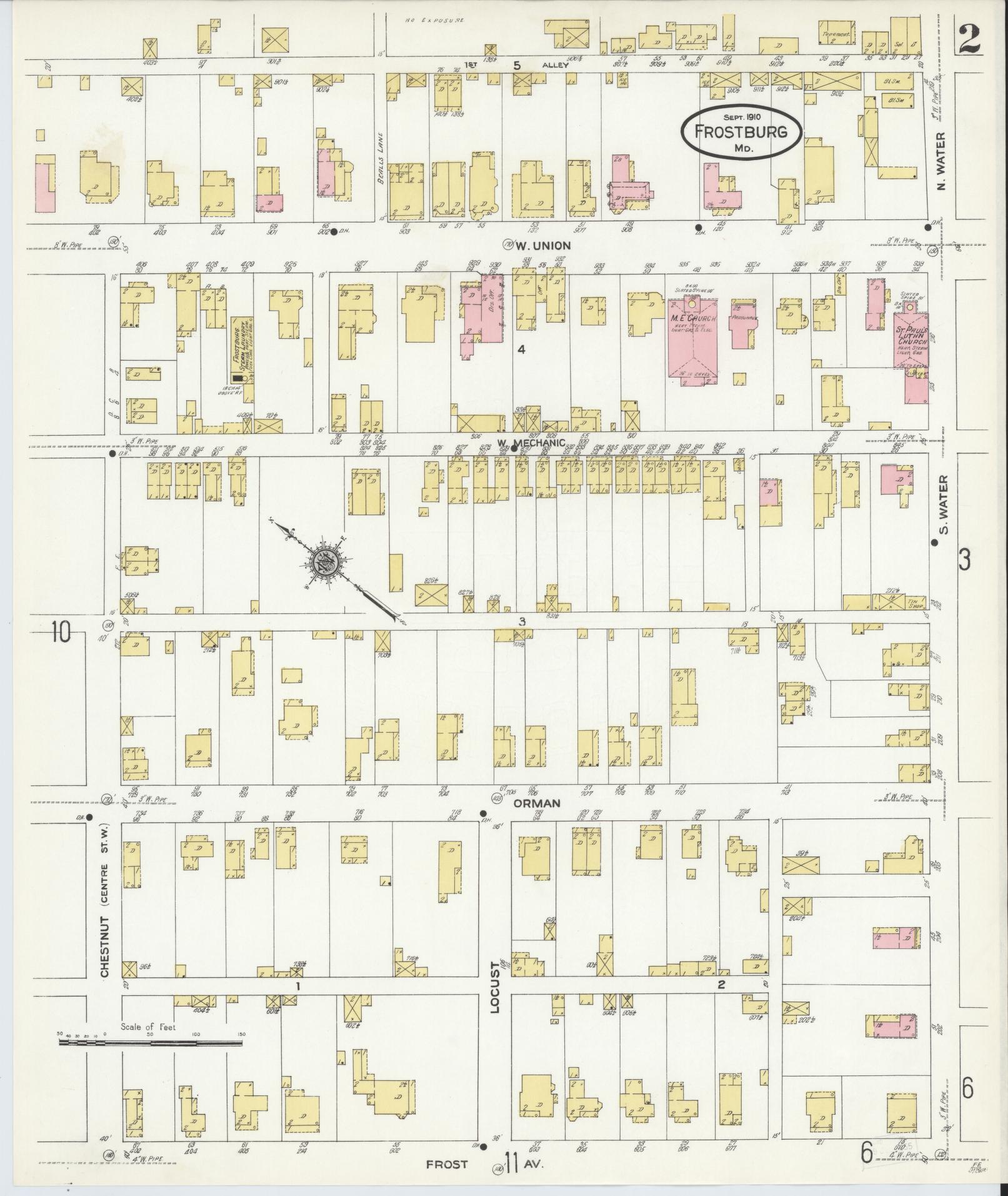 Sanborn Fire Insurance Map from Frostburg, Allegany County, Maryland (1910), Sheet #0002 - Historic Sanborn Fire Insurance Map Print, vintage old map wall art