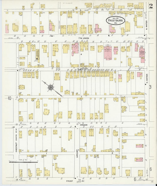 Sanborn Fire Insurance Map from Frostburg, Allegany County, Maryland (1910), Sheet #0002 - Historic Sanborn Fire Insurance Map Print, vintage old map wall art