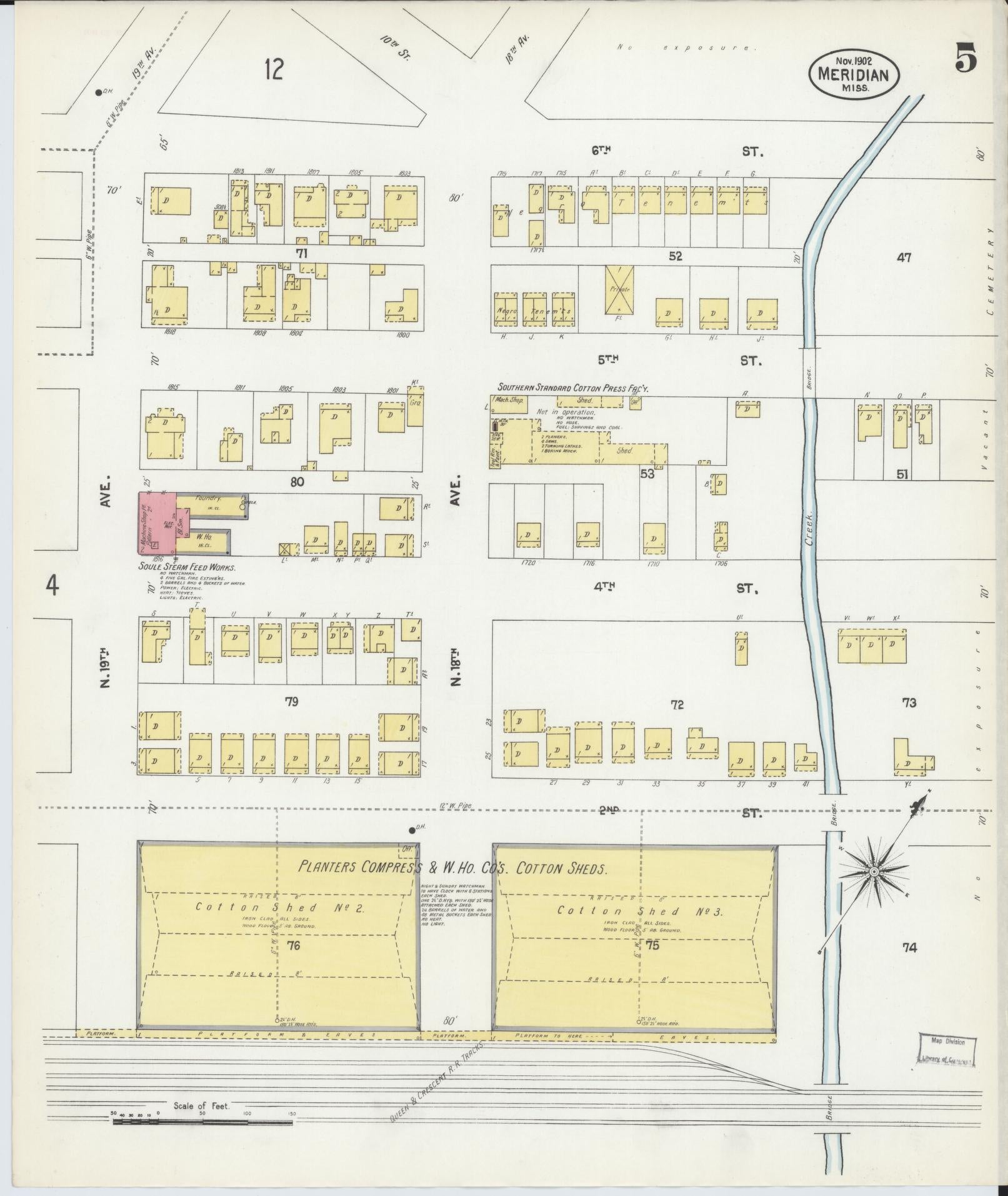 Sanborn Fire Insurance Map from Meridian, Lauderdale County, Mississippi (1902), Sheet #0005 - Complete Map Set gallery image, historic Sanborn map, vintage wall art, Mississippi Mississippi