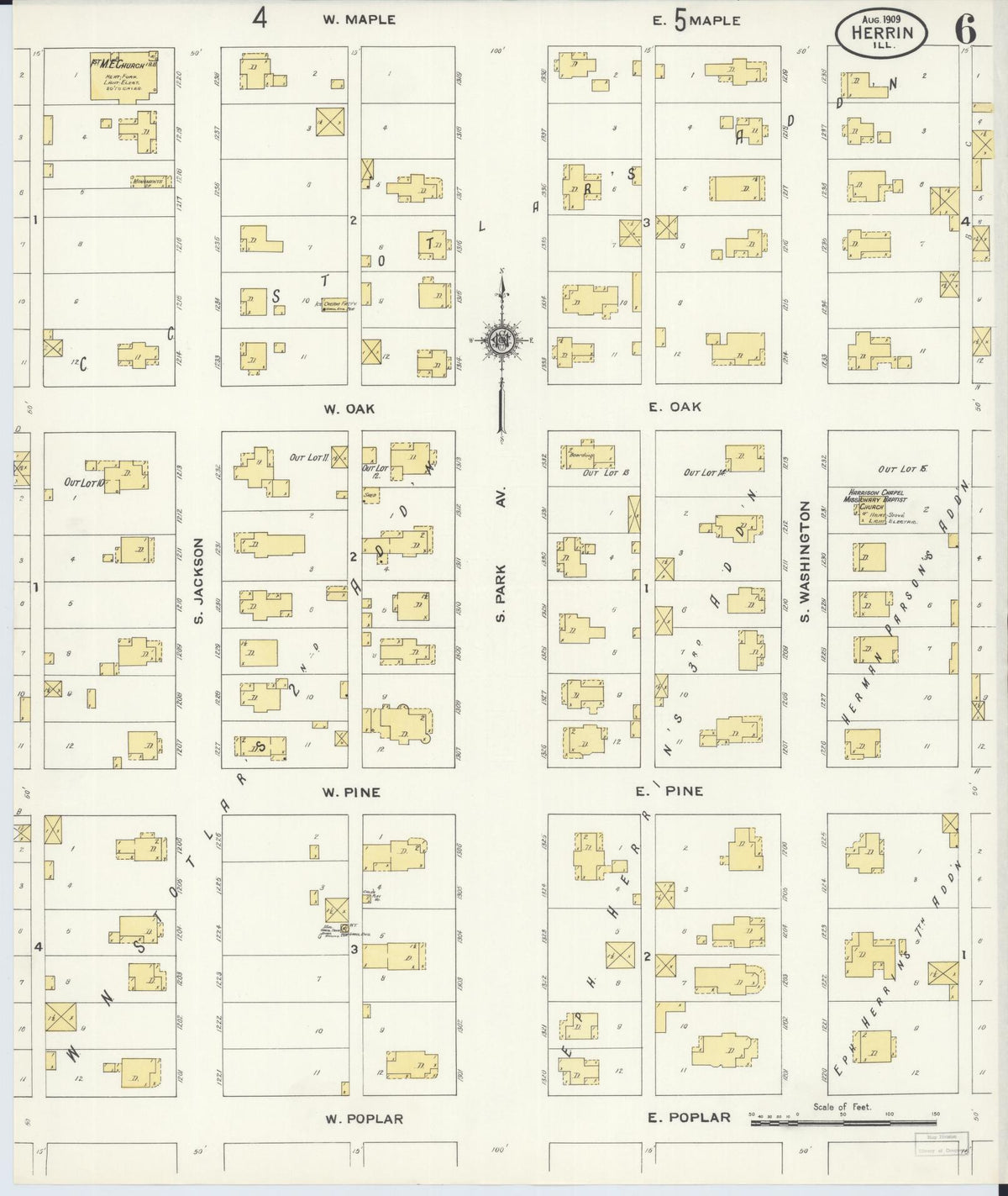Sanborn Fire Insurance Map from Herrin, Williamson County, Illinois (1909), Sheet #0006 - Historic Sanborn Fire Insurance Map Print, vintage old map wall art, antique decor, genealogy gift, Illinois Illinois map