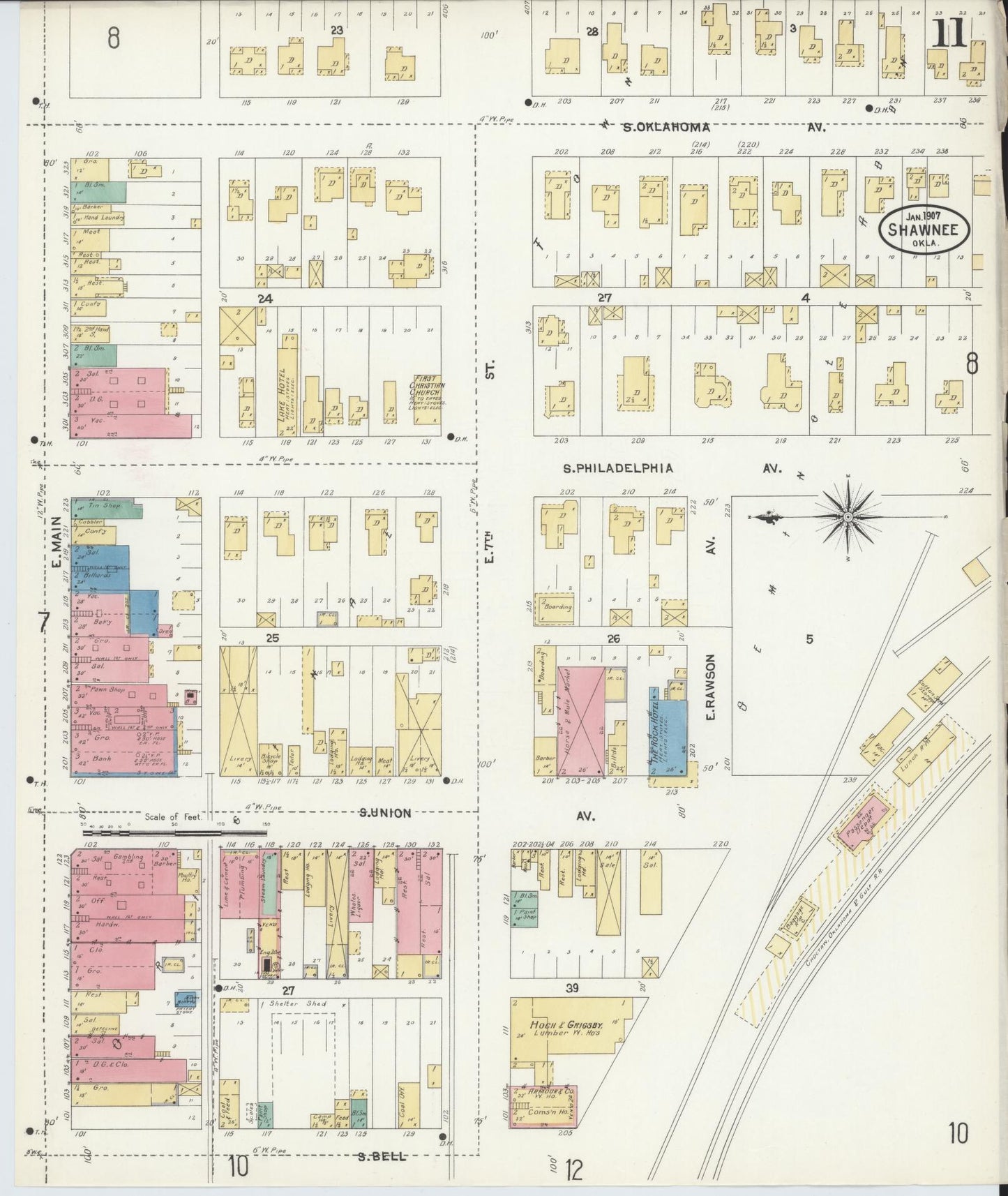 Sanborn Fire Insurance Map from Shawnee, Pottawatomie County, Oklahoma (1907), Sheet #0011 - Complete Map Set gallery image, historic Sanborn map, vintage wall art, Oklahoma Oklahoma