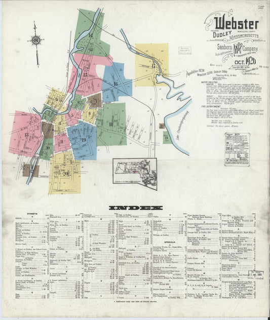 Sanborn Fire Insurance Map from Webster, Worcester County, Massachusetts (1920), Sheet #0001 - Historic Sanborn Fire Insurance Map Print, vintage old map wall art, antique decor, genealogy gift, Massachusetts Massachusetts map