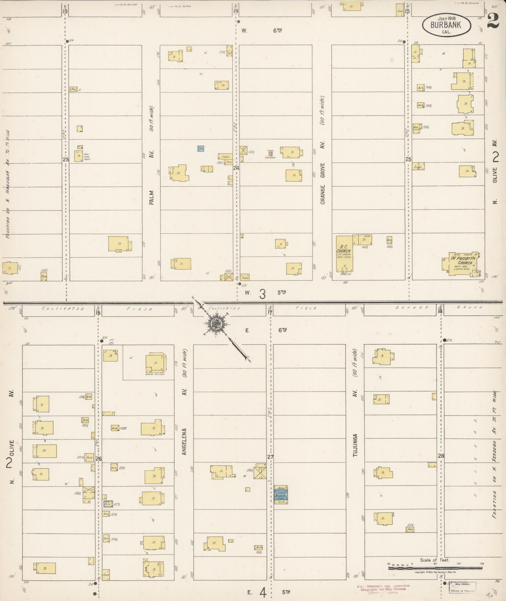Sanborn Fire Insurance Map from Burbank, Los Angeles County, California (1918), Sheet #0002 - Historic Sanborn Fire Insurance Map Print, vintage old map wall art, antique decor, genealogy gift, California California map