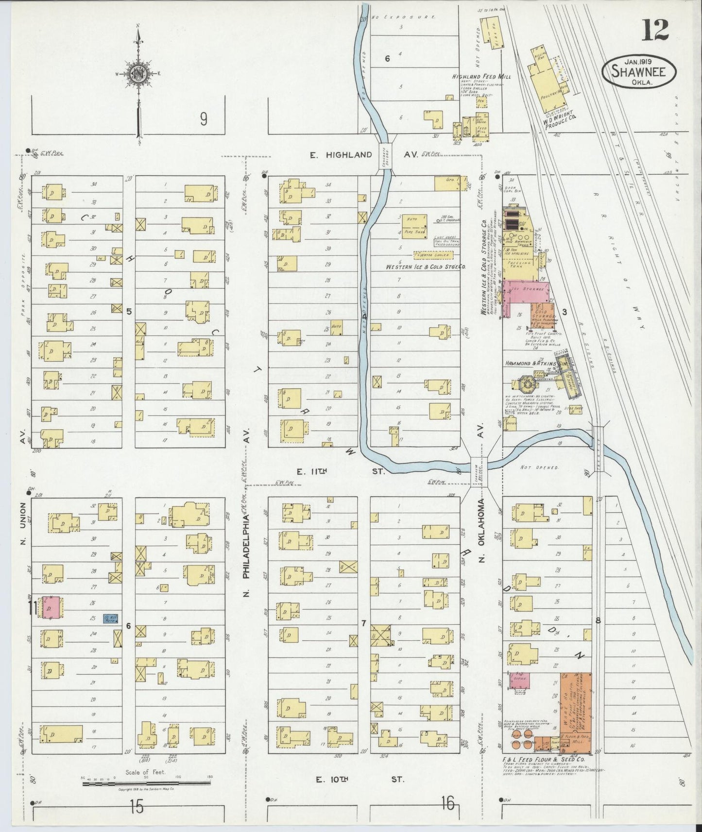 Sanborn Fire Insurance Map from Shawnee, Pottawatomie County, Oklahoma (1919), Sheet #0012 - Complete Map Set gallery image, historic Sanborn map, vintage wall art, Oklahoma Oklahoma
