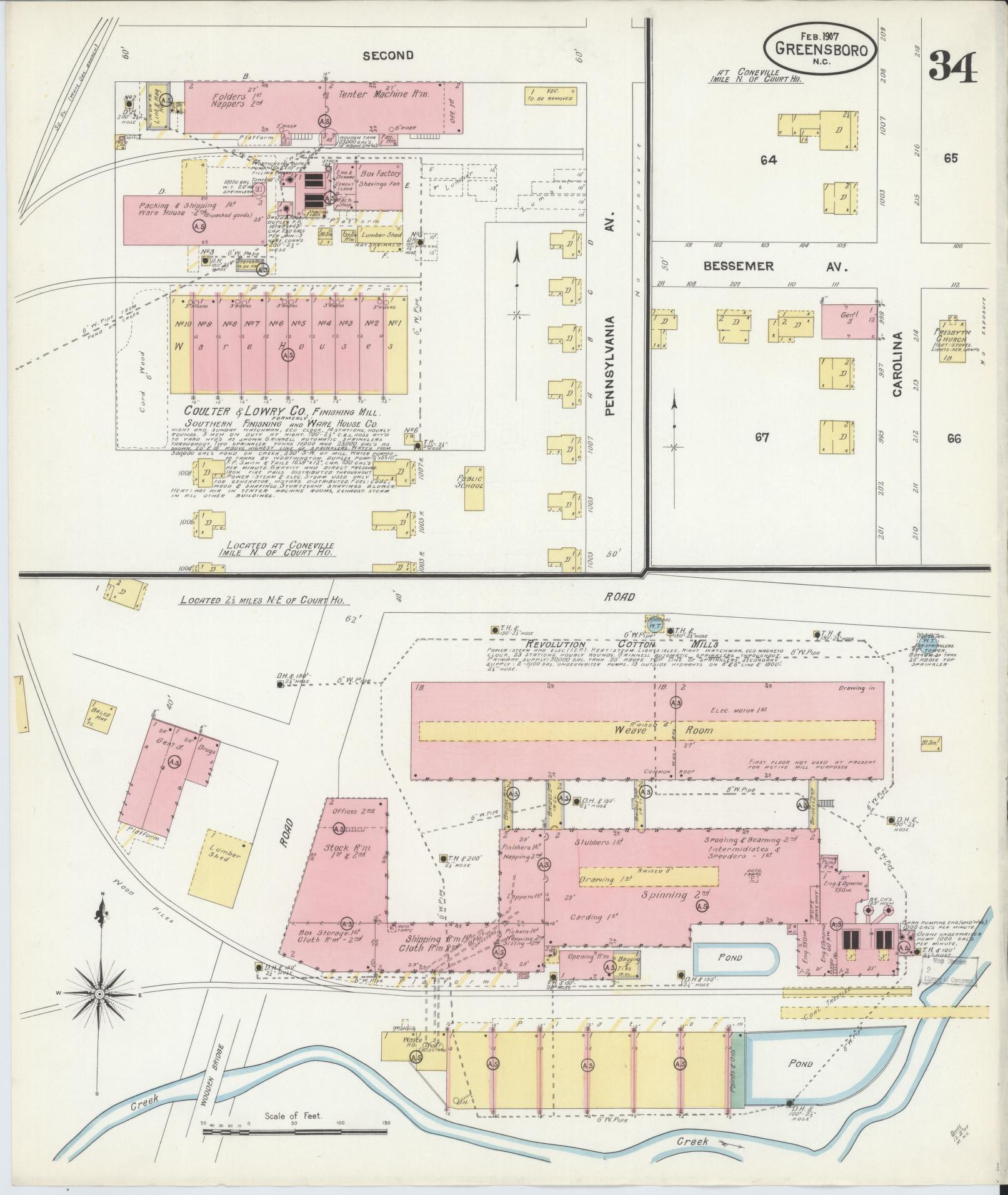 Sanborn Fire Insurance Map from Greensboro, Guilford County, North Carolina (1907), Sheet #0034 - Complete Map Set gallery image, historic Sanborn map, vintage wall art, North Carolina North Carolina
