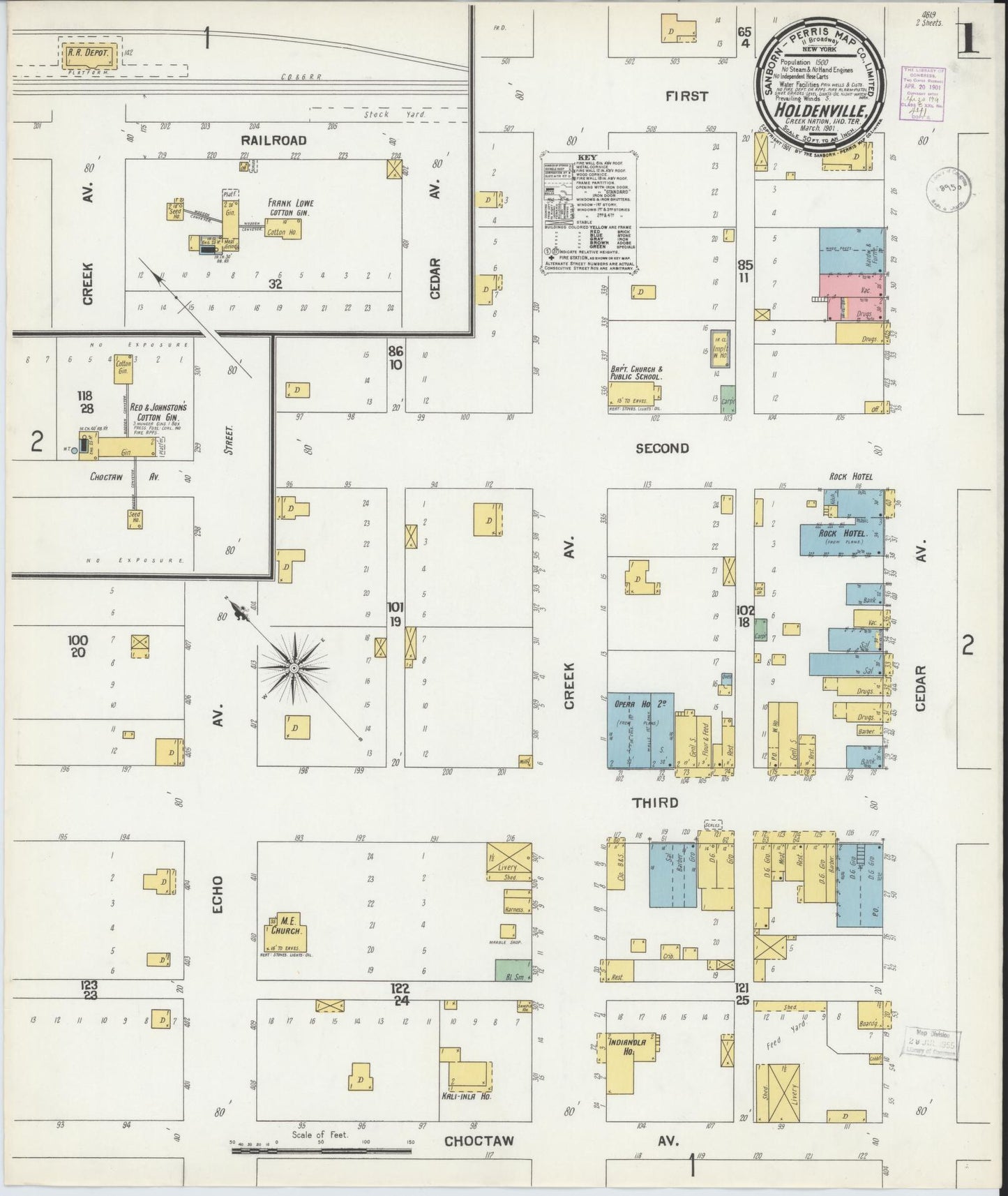 Sanborn Fire Insurance Map from Holdenville, Hughes County, Oklahoma (1901), Sheet #0001 - Complete Map Set gallery image, historic Sanborn map, vintage wall art, Oklahoma Oklahoma