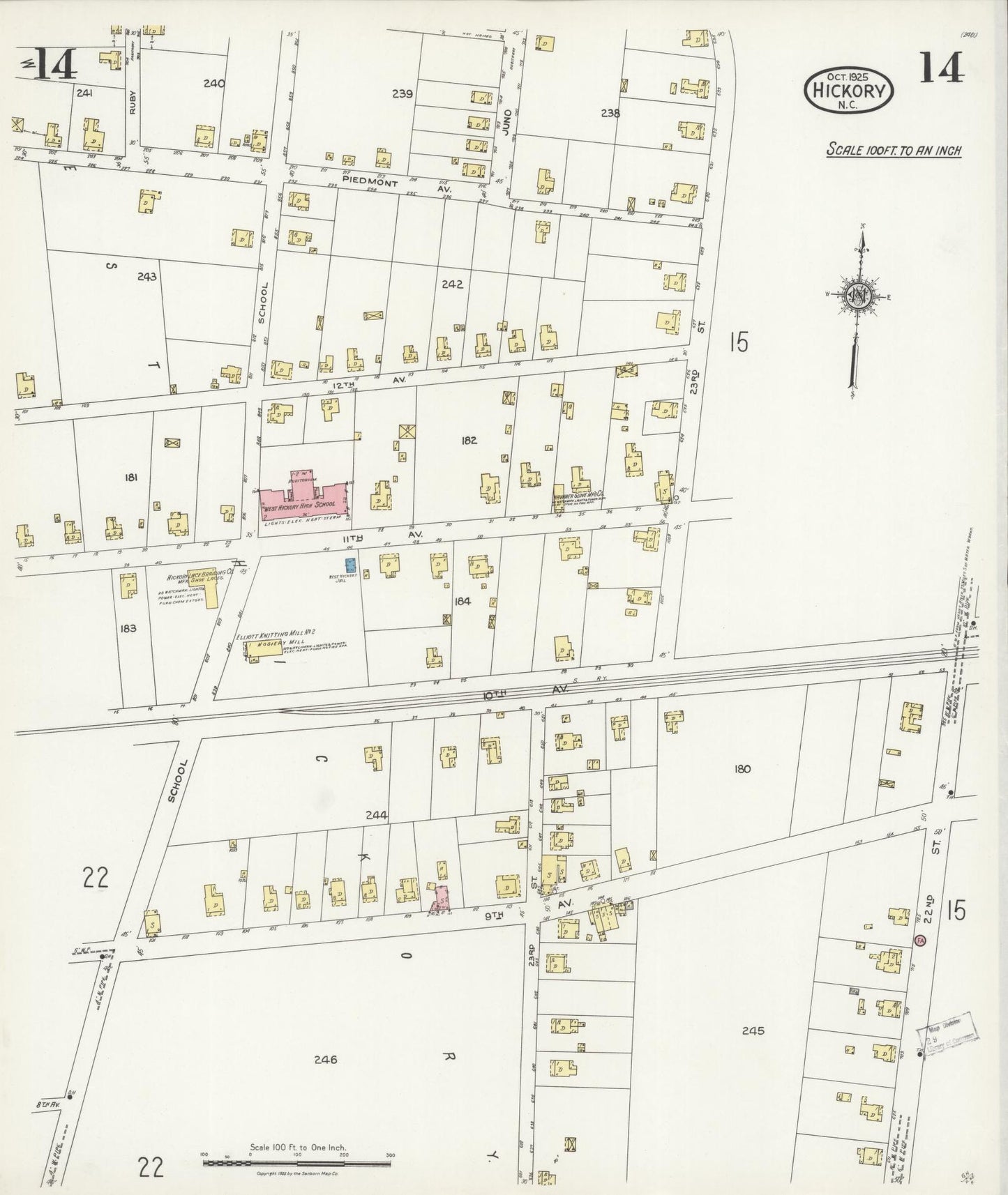Sanborn Fire Insurance Map from Hickory, Catawba County, North Carolina (1925), Sheet #0014 - Historic Sanborn Fire Insurance Map Print, vintage old map wall art, antique decor, genealogy gift, North Carolina North Carolina map