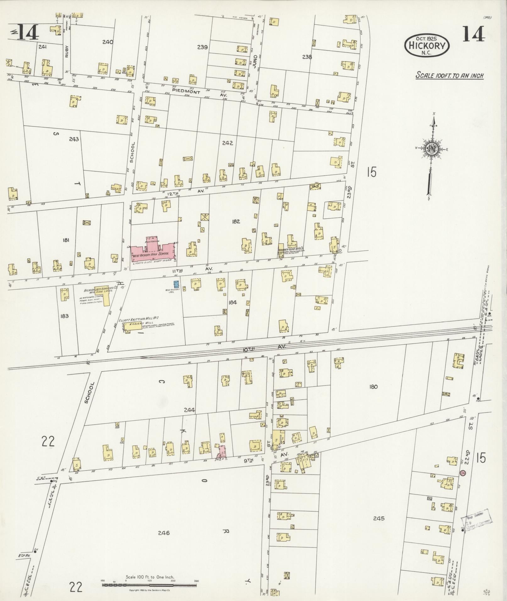 Sanborn Fire Insurance Map from Hickory, Catawba County, North Carolina (1925), Sheet #0014 - Historic Sanborn Fire Insurance Map Print, vintage old map wall art, antique decor, genealogy gift, North Carolina North Carolina map