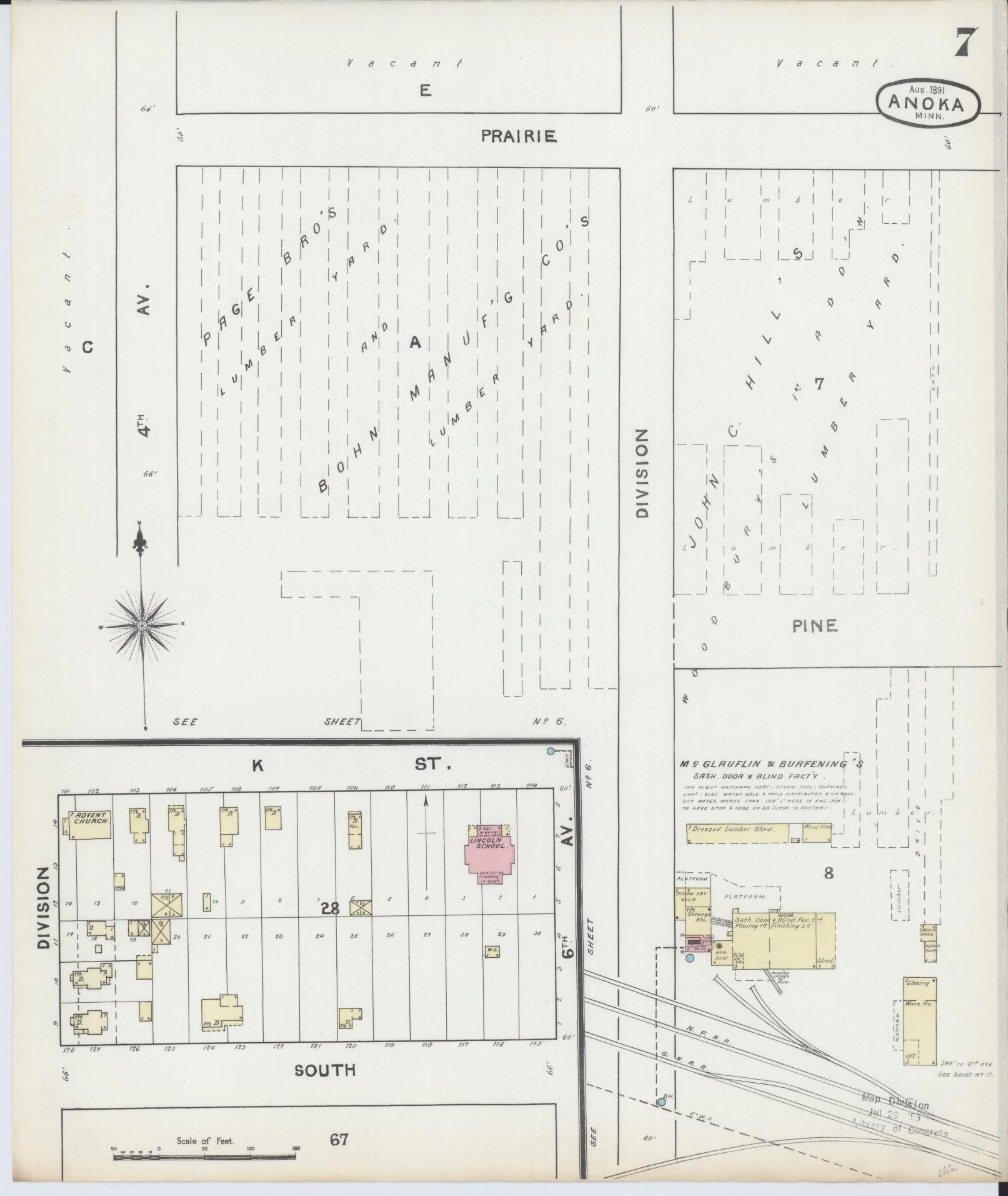 Sanborn Fire Insurance Map from Anoka, Anoka County, Minnesota (1891), Sheet #0007 - Historic Sanborn Fire Insurance Map Print, vintage old map wall art, antique decor, genealogy gift, Minnesota Minnesota map
