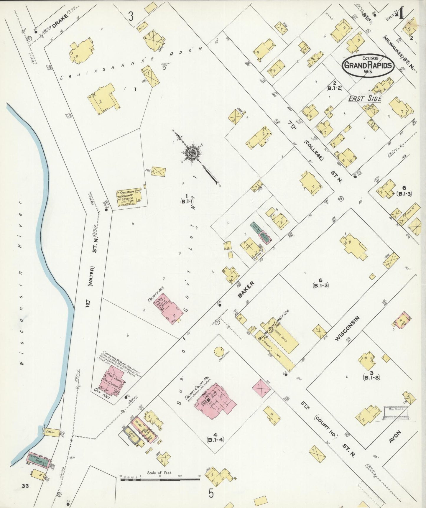 Sanborn Fire Insurance Map from Grand Rapids, Wood County, Wisconsin (1909), Sheet #0004 - Historic Sanborn Fire Insurance Map Print, vintage old map wall art, antique decor, genealogy gift, Wisconsin Wisconsin map