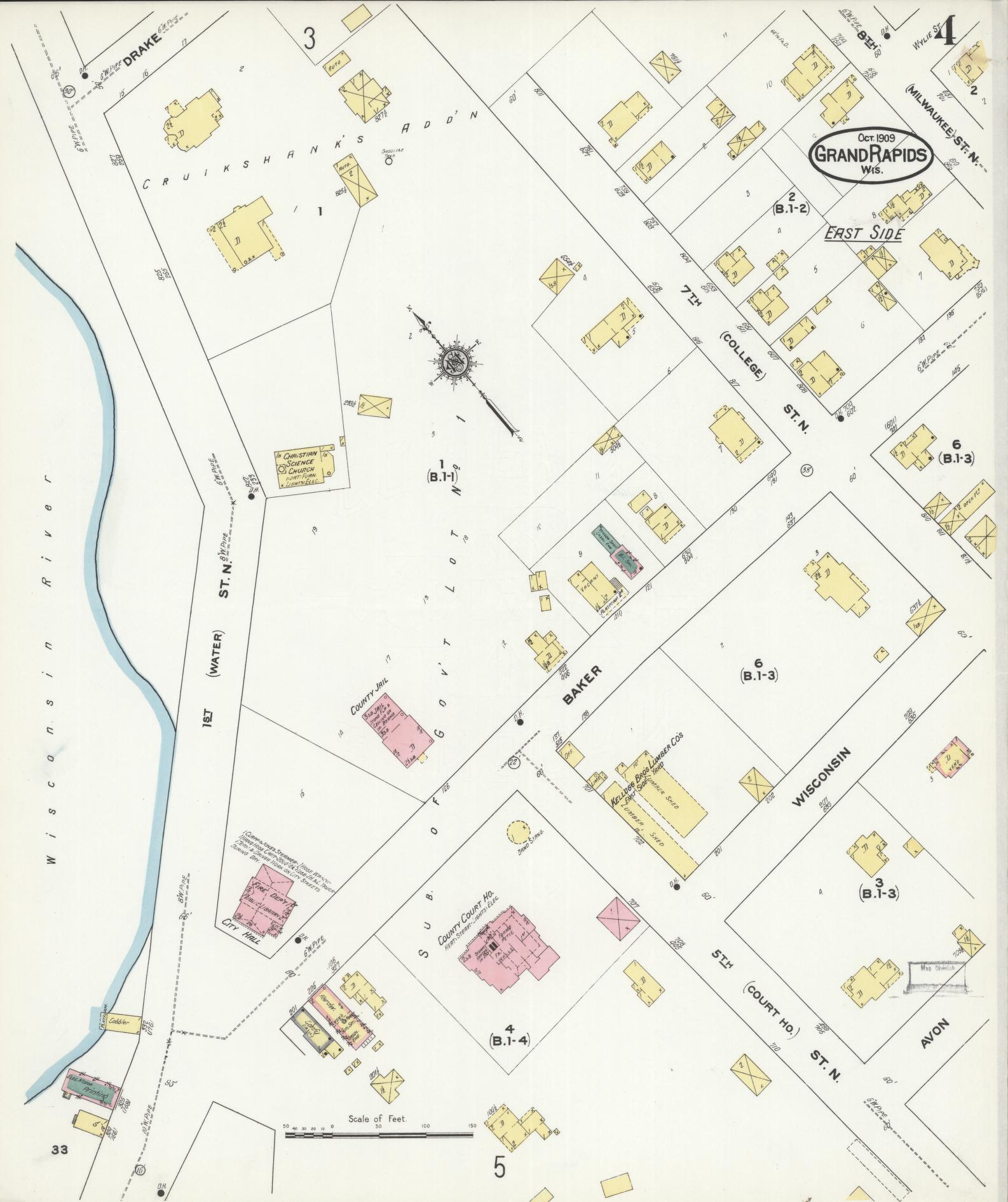 Sanborn Fire Insurance Map from Grand Rapids, Wood County, Wisconsin (1909), Sheet #0004 - Historic Sanborn Fire Insurance Map Print, vintage old map wall art, antique decor, genealogy gift, Wisconsin Wisconsin map
