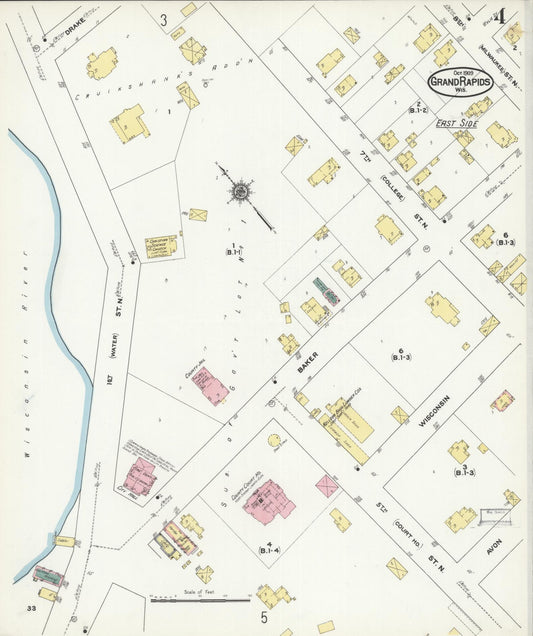 Sanborn Fire Insurance Map from Grand Rapids, Wood County, Wisconsin (1909), Sheet #0004 - Historic Sanborn Fire Insurance Map Print, vintage old map wall art, antique decor, genealogy gift, Wisconsin Wisconsin map
