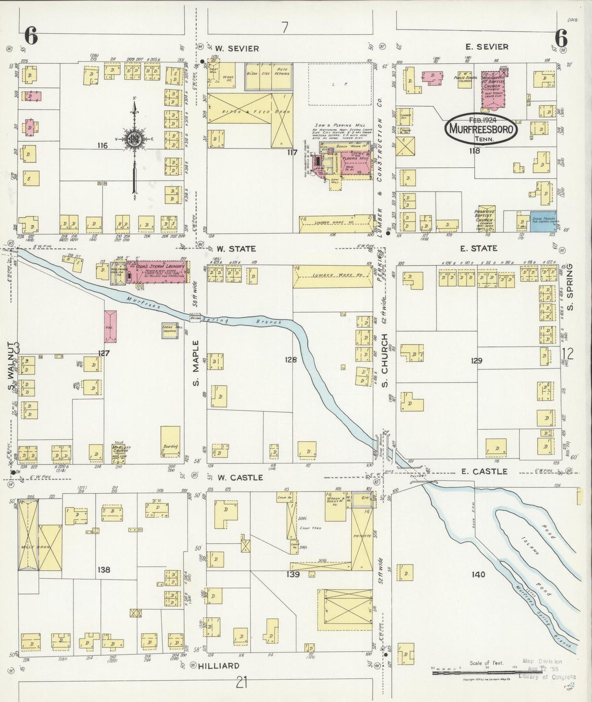 Sanborn Fire Insurance Map from Murfreesboro, Rutherford County, Tennessee (1924), Sheet #0006 - Complete Map Set gallery image, historic Sanborn map, vintage wall art, Tennessee Tennessee