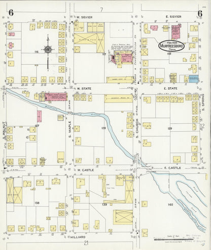 Sanborn Fire Insurance Map from Murfreesboro, Rutherford County, Tennessee (1924), Sheet #0006 - Complete Map Set gallery image, historic Sanborn map, vintage wall art, Tennessee Tennessee