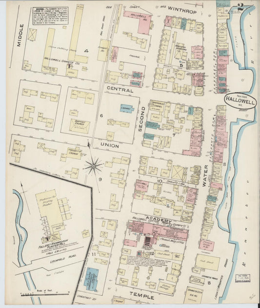 Sanborn Fire Insurance Map from Hallowell, Kennebec County, Maine (1884), Sheet #0002 - Historic Sanborn Fire Insurance Map Print, vintage old map wall art, antique decor, genealogy gift, Maine Maine map