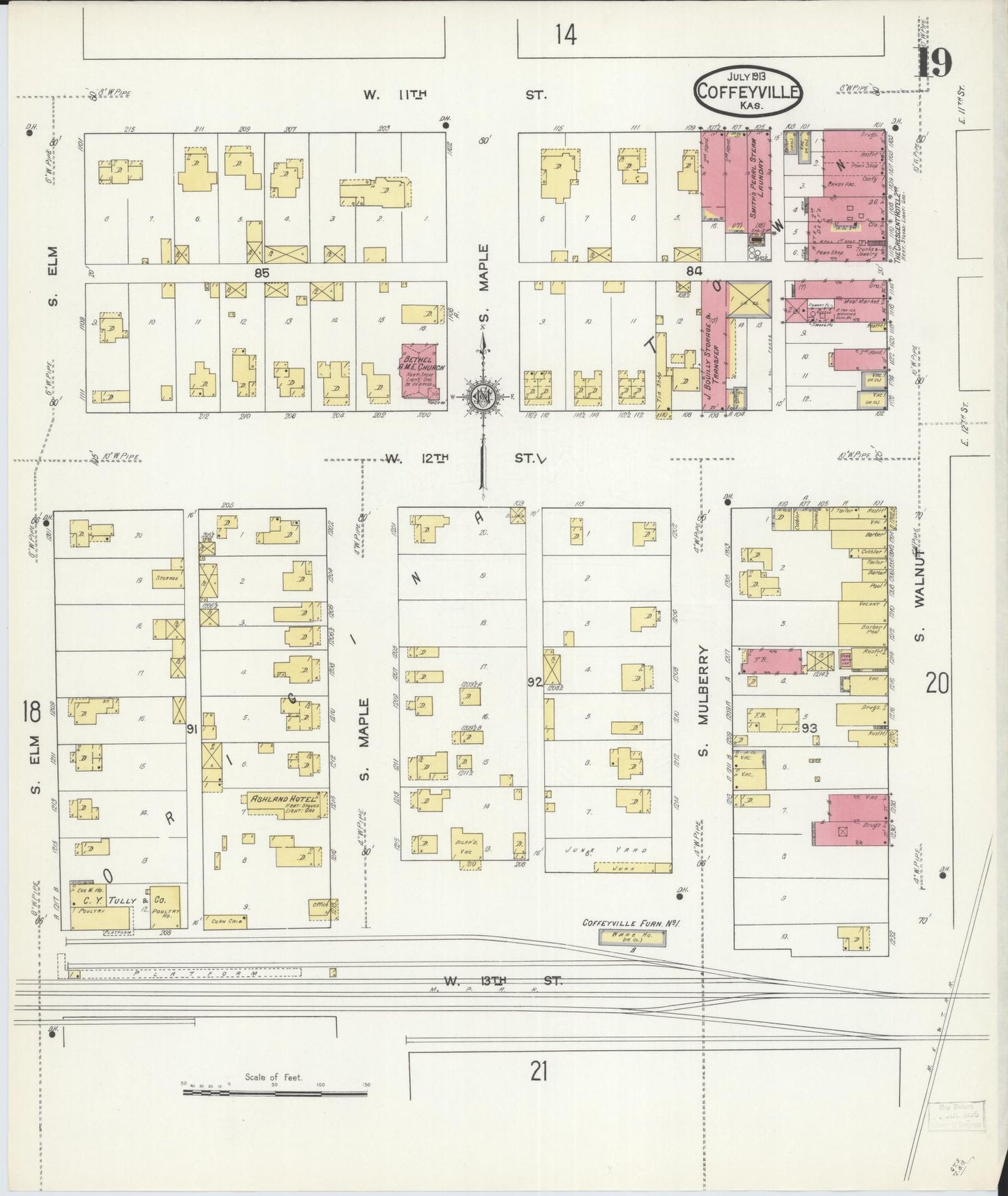 Sanborn Fire Insurance Map from Coffeyville, Montgomery County, Kansas (1913), Sheet #0019 - Historic Sanborn Fire Insurance Map Print, vintage old map wall art, antique decor, genealogy gift, Kansas Kansas map