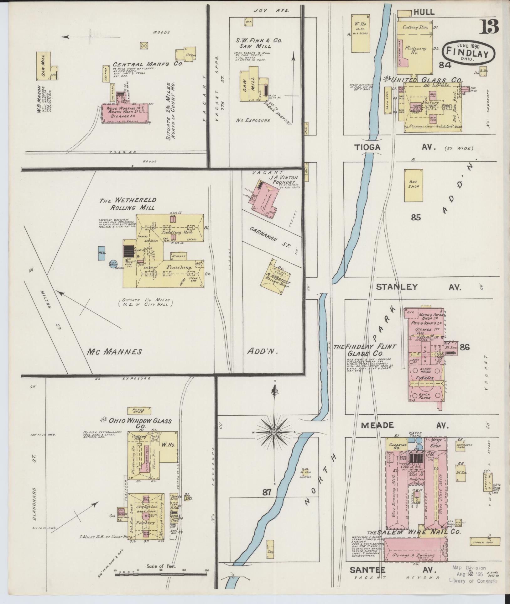 Sanborn Fire Insurance Map from Findlay, Hancock County, Ohio (1890), Sheet #0013 - Historic Sanborn Fire Insurance Map Print, vintage old map wall art, antique decor, genealogy gift, Ohio Ohio map
