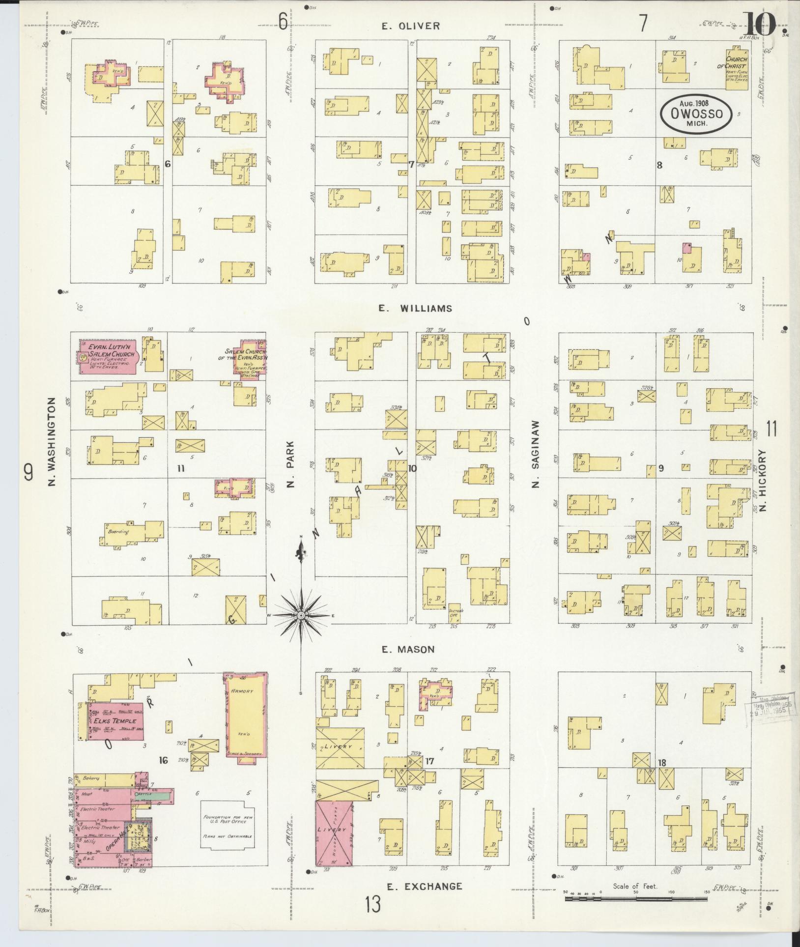 Sanborn Fire Insurance Map from Owosso, Shiawassee County, Michigan (1908), Sheet #0010 - Complete Map Set gallery image, historic Sanborn map, vintage wall art, Michigan Michigan