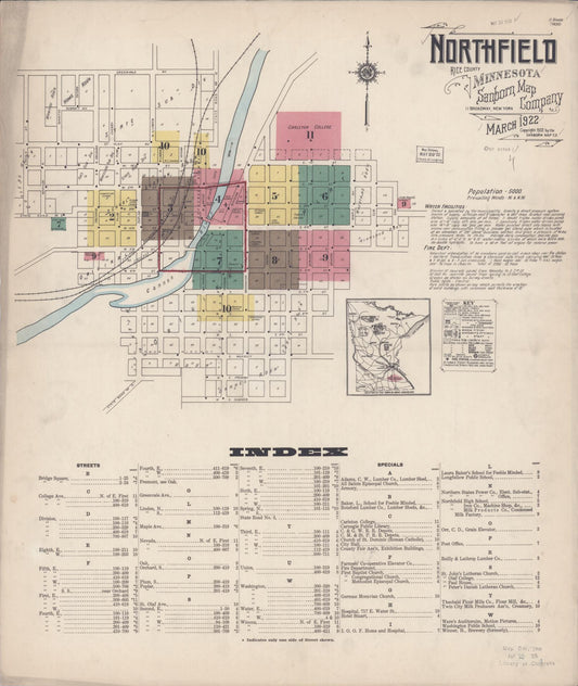 Sanborn Fire Insurance Map from Northfield, Rice County, Minnesota (1922), Sheet #0001 - Historic Sanborn Fire Insurance Map Print, vintage old map wall art, antique decor, genealogy gift, Minnesota Minnesota map