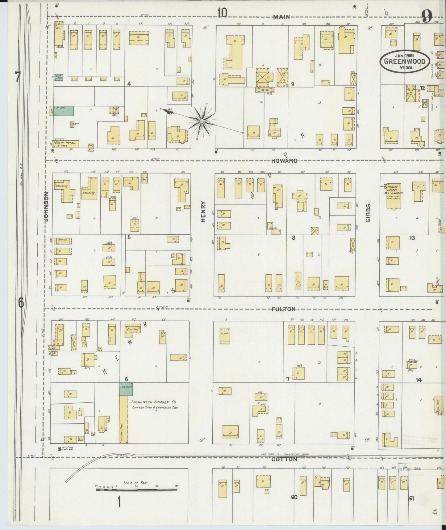 Sanborn Fire Insurance Map from Greenwood, Leflore County, Mississippi (1905), Sheet #0009 - Historic Sanborn Fire Insurance Map Print, vintage old map wall art, antique decor, genealogy gift, Mississippi Mississippi map