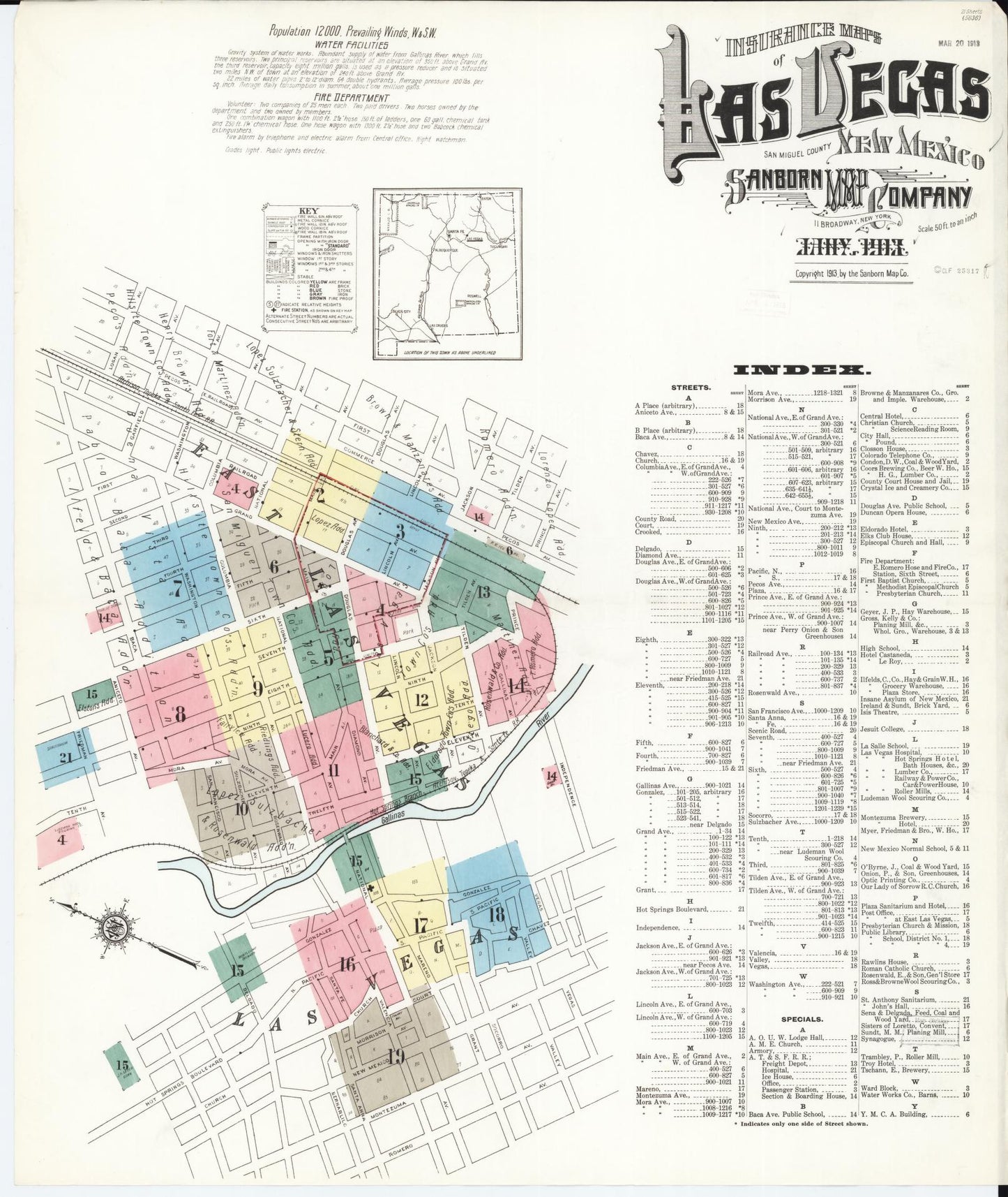 Sanborn Fire Insurance Map from Las Vegas, San Miguel County, New Mexico (1913), Sheet #0001 - Complete Map Set gallery image, historic Sanborn map, vintage wall art, New Mexico New Mexico