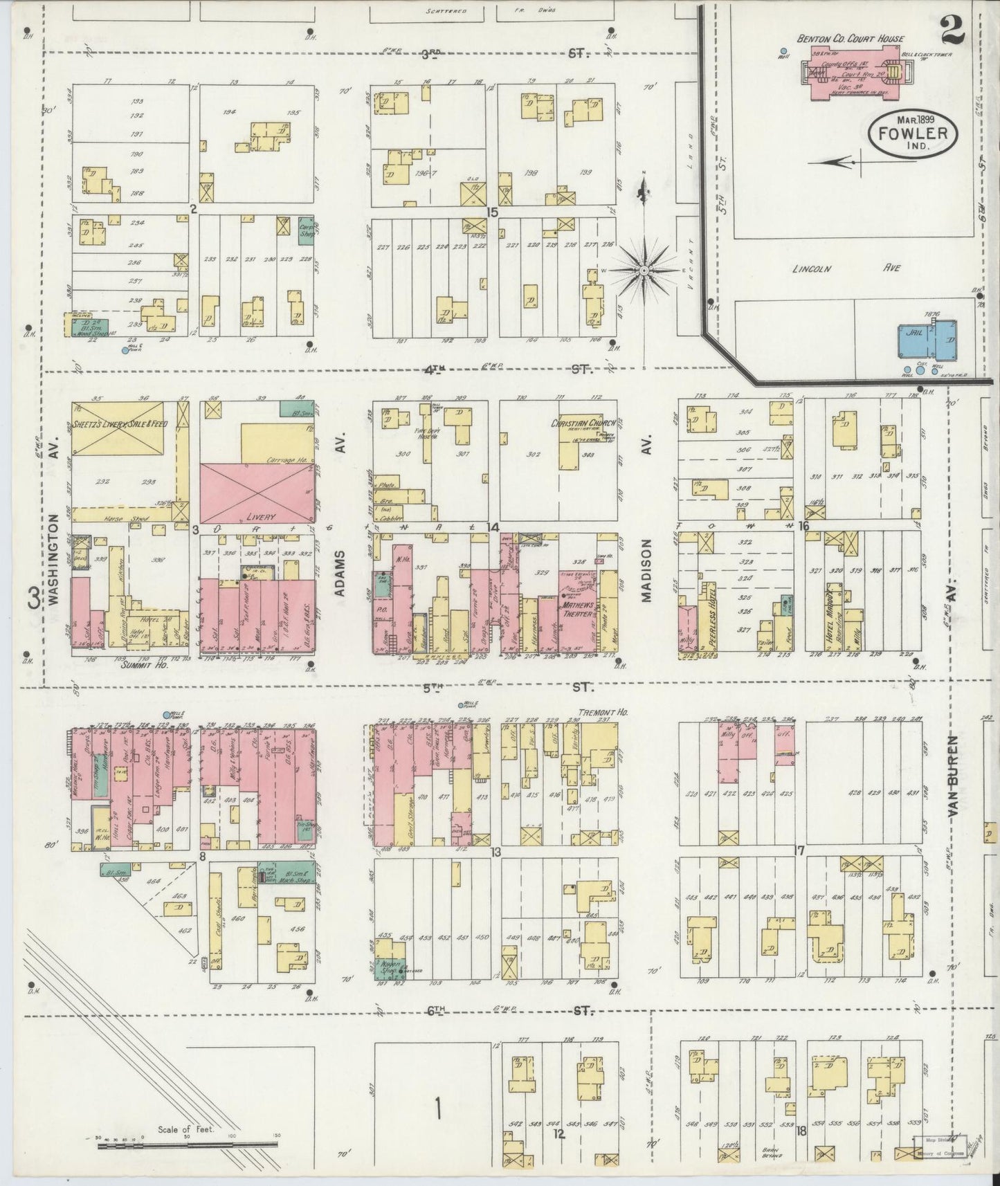 Sanborn Fire Insurance Map from Fowler, Benton County, Indiana (1899), Sheet #0002 - Complete Map Set gallery image, historic Sanborn map, vintage wall art, Indiana Indiana