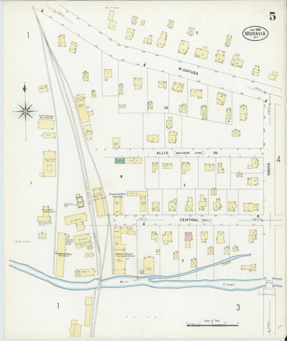Sanborn Fire Insurance Map from Moravia, Cayuga County, New York (1908), Sheet #0005 - Historic Sanborn Fire Insurance Map Print, vintage old map wall art, antique decor, genealogy gift, New York New York map