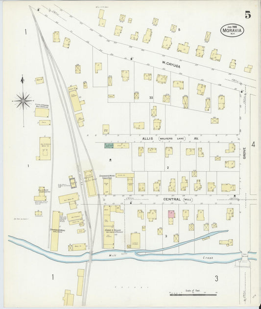 Sanborn Fire Insurance Map from Moravia, Cayuga County, New York (1908), Sheet #0005 - Historic Sanborn Fire Insurance Map Print, vintage old map wall art, antique decor, genealogy gift, New York New York map