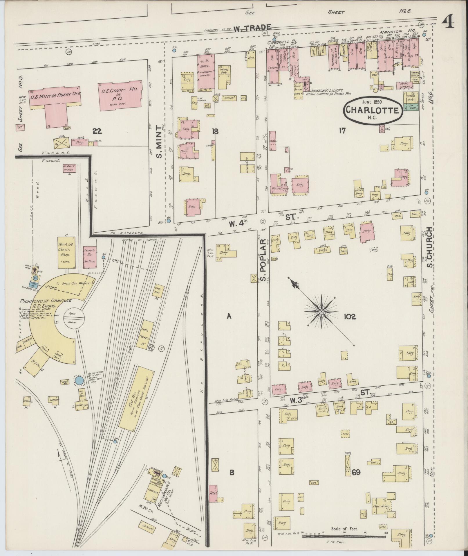 Sanborn Fire Insurance Map from Charlotte, Mecklenburg County, North Carolina (1890), Sheet #0004 - Complete Map Set gallery image, historic Sanborn map, vintage wall art, North Carolina North Carolina